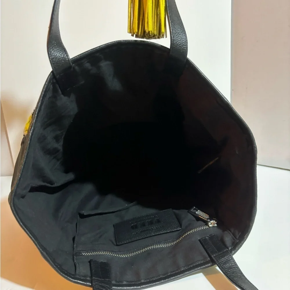 Rebecca Mankoff Black woven canvas leather and Yellow Patterned Tote Bag